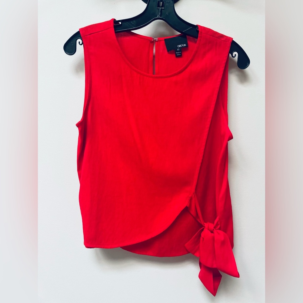Greylin Red Sleeveless Wrap Blouse with Tie Front